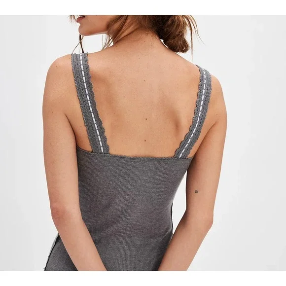 NWT Free People Intimately Only You Gray Ribbed Ribbon Lace Tank Top XS - Picture 3 of 6